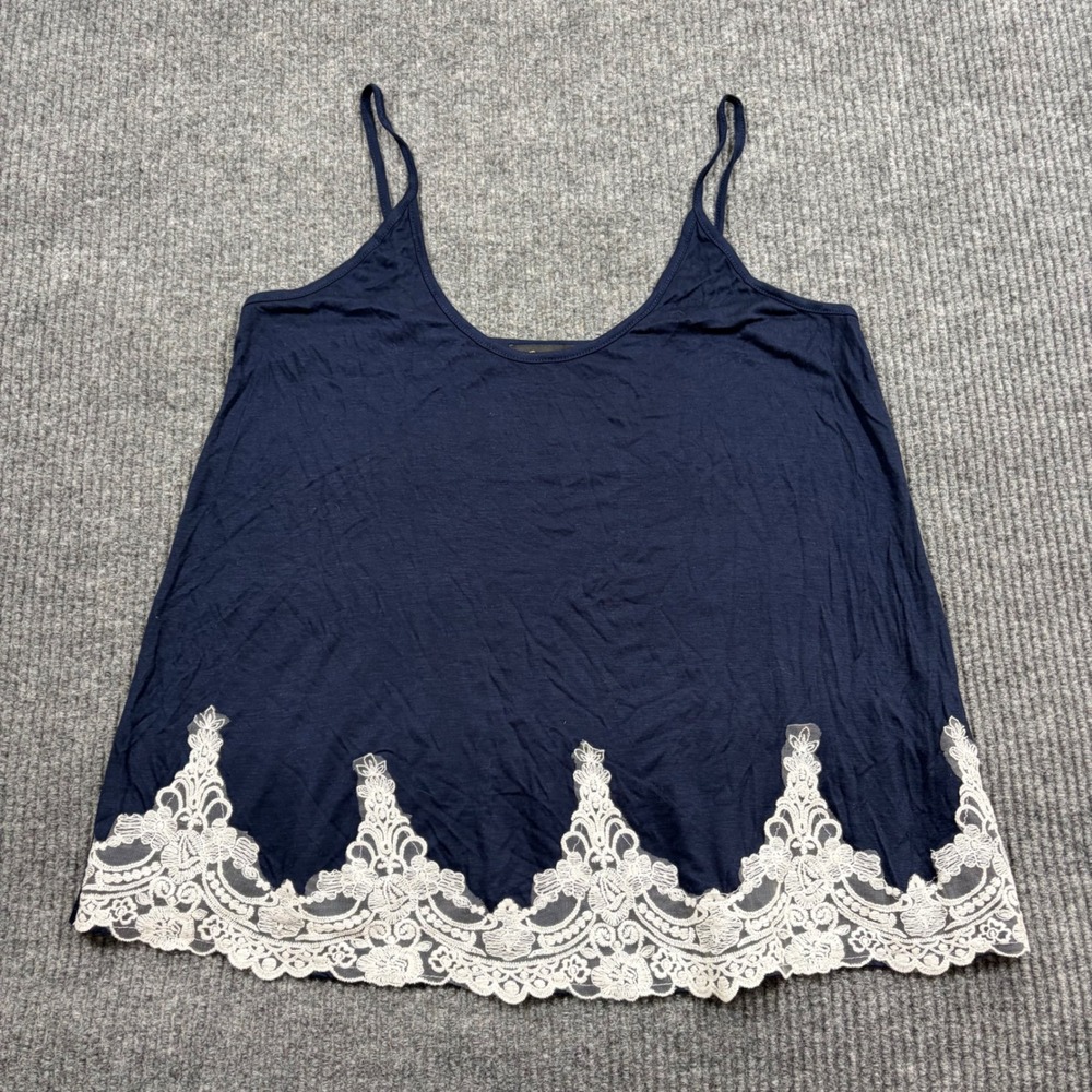 Raggs II Riches Tank Top Women L Navy Blue Lace Trim Cami BT1455 Made in USA